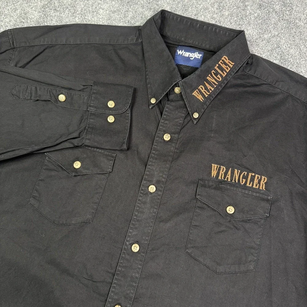 Wrangler Western Shirt Mens 2XL Black Embroidered Logo Cowboy Rodeo Button Up
